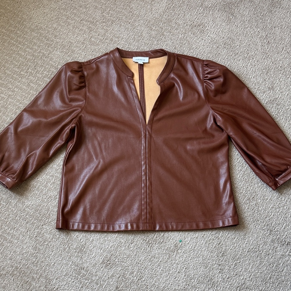 Evereve Brown Faux Leather Puff-Sleeve Top